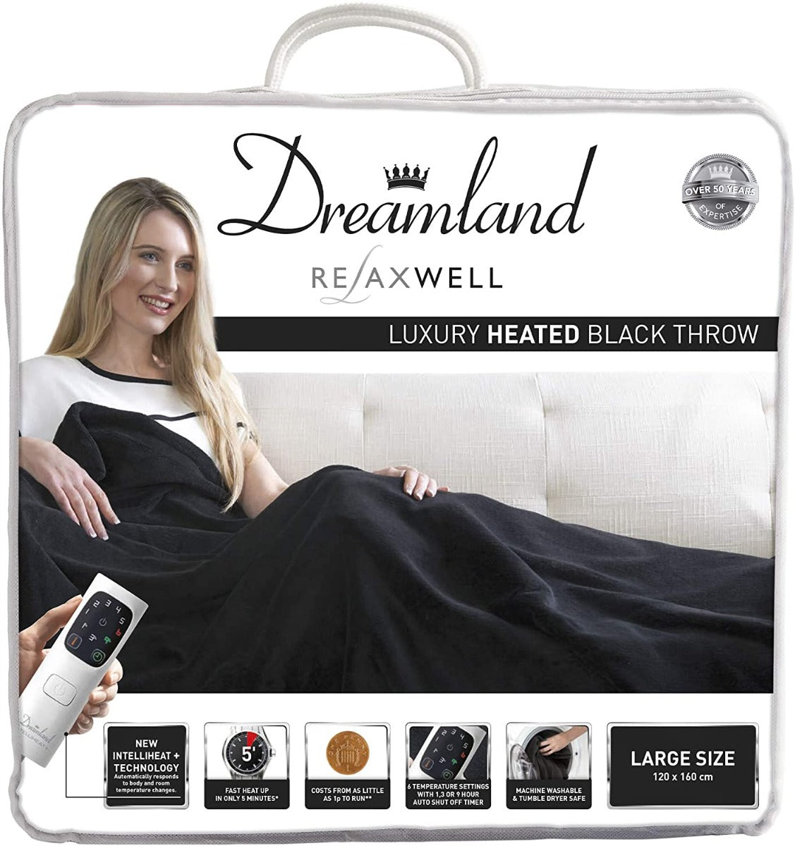 Dreamland Relaxwell Intelliheat+ 5 Minute Fast Heat Luxury Black Heated Electric Throw | 120 x 160cm | 1 Control, 6 Temperature Settings