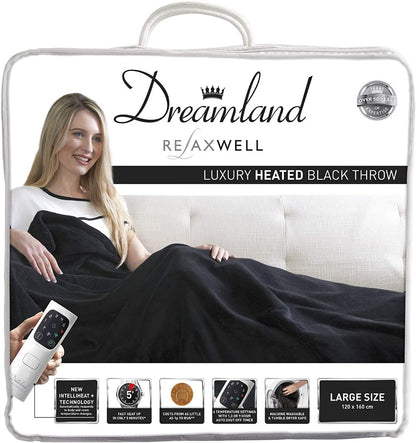 Dreamland Relaxwell Intelliheat+ 5 Minute Fast Heat Luxury Black Heated Electric Throw | 120 x 160cm | 1 Control, 6 Temperature Settings