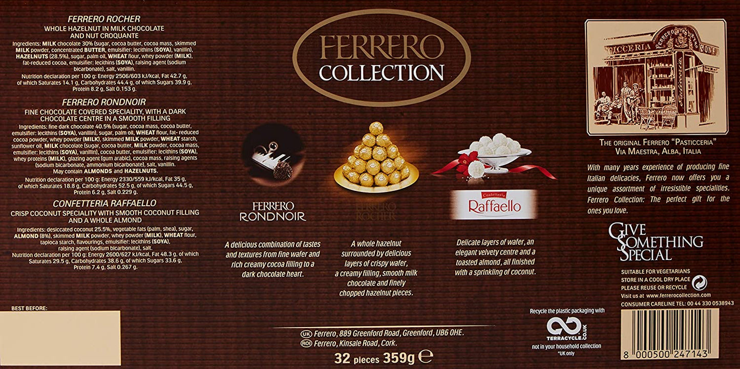 Ferrero Collection Chocolate Hamper Gifts Set, Assorted Dark, Milk, Chocolate and Coconut and Almond, 359g, Box of 32 Pieces