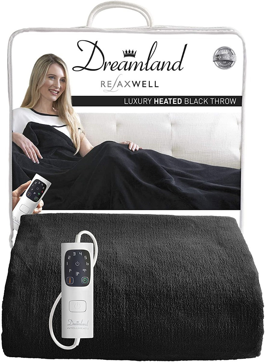 Dreamland Relaxwell Intelliheat+ 5 Minute Fast Heat Luxury Black Heated Electric Throw | 120 x 160cm | 1 Control, 6 Temperature Settings