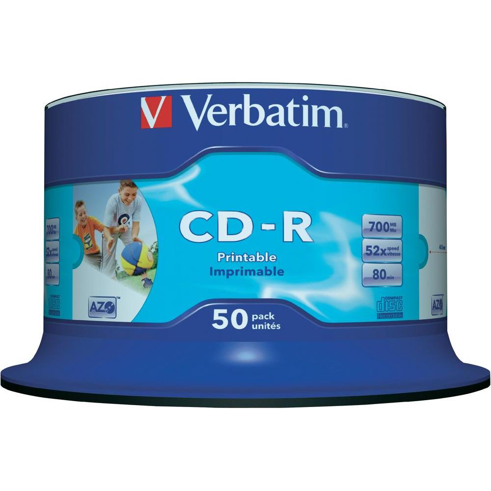 Verbatim CD-R 700MB 52x Speed 80min Inkjet Printable Disc Spindle Pack 50 (43438)