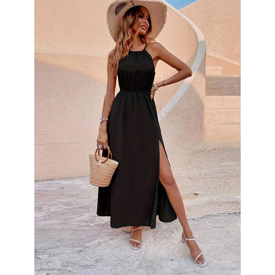 Solid Color Spaghetti Strap Dress - Black - L