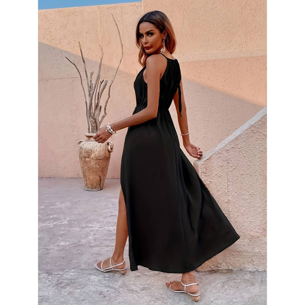 Solid Color Spaghetti Strap Dress - Black - L
