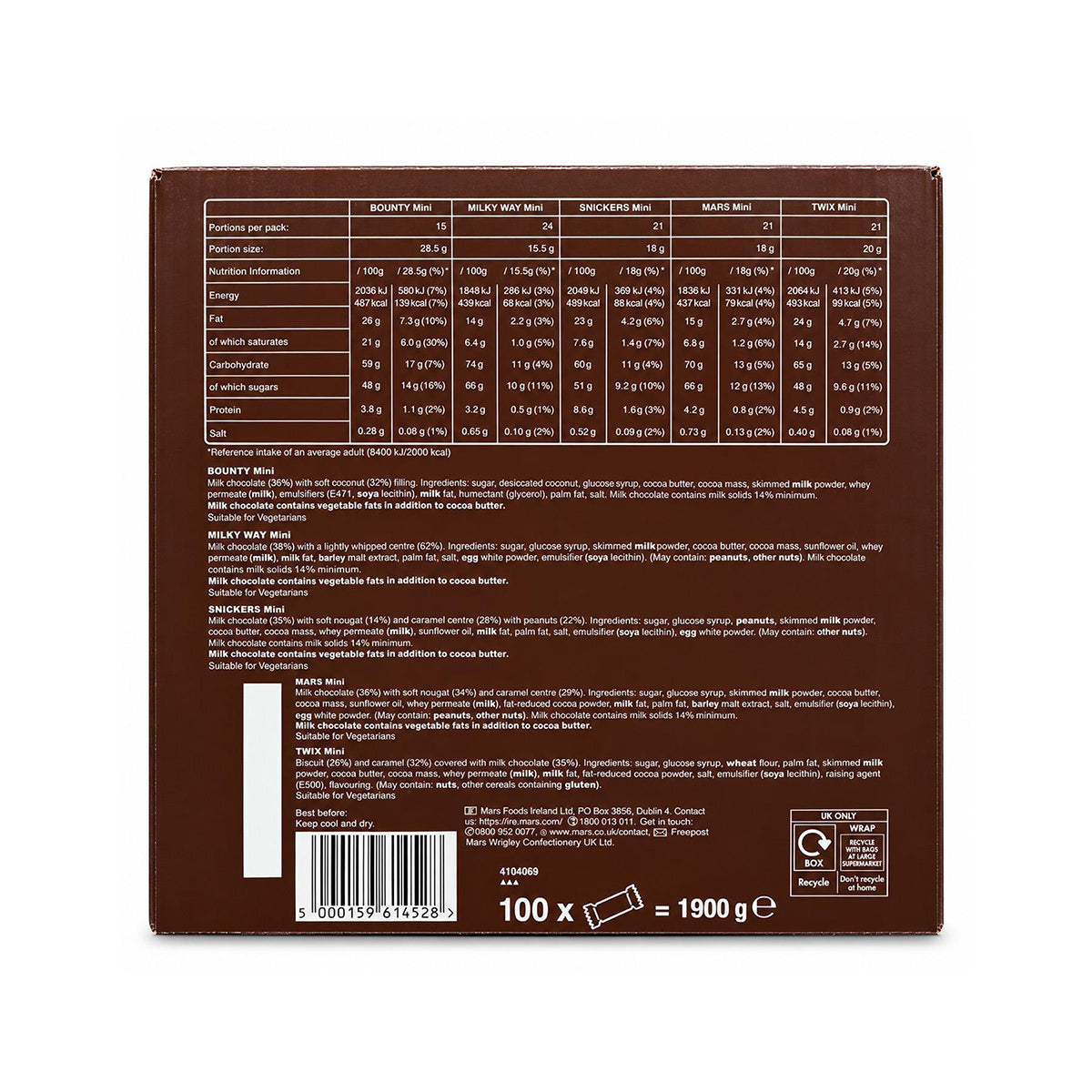 Mars, Snickers, Twix, Milky Way & Bounty Fun Size Chocolate Bars Box – 100 Pieces