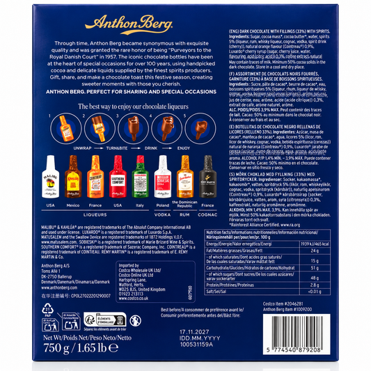 Anthon Berg Chocolate Liqueurs 48 Bottles 750g Back Packaging