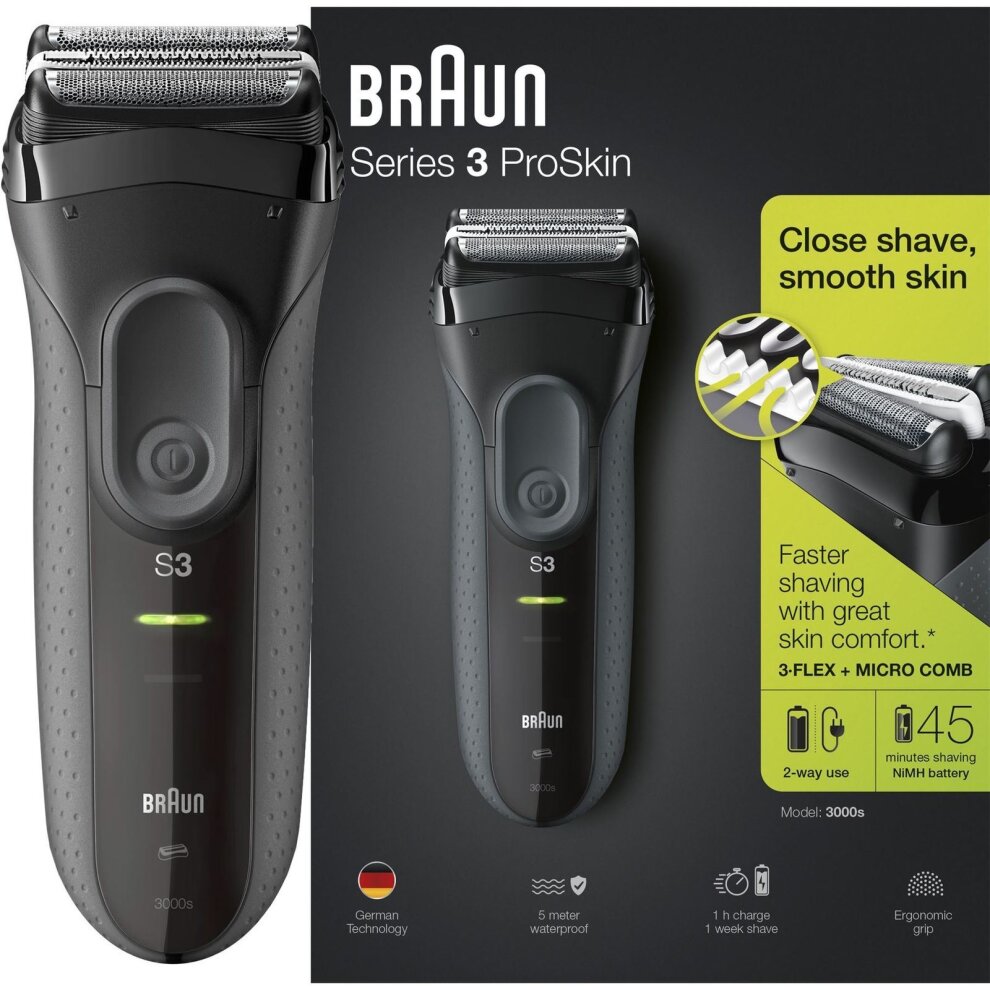 Braun Series 3 ProSkin 3000s Electric Shaver Rechargeable and Cordless Electric Razor for Men Black