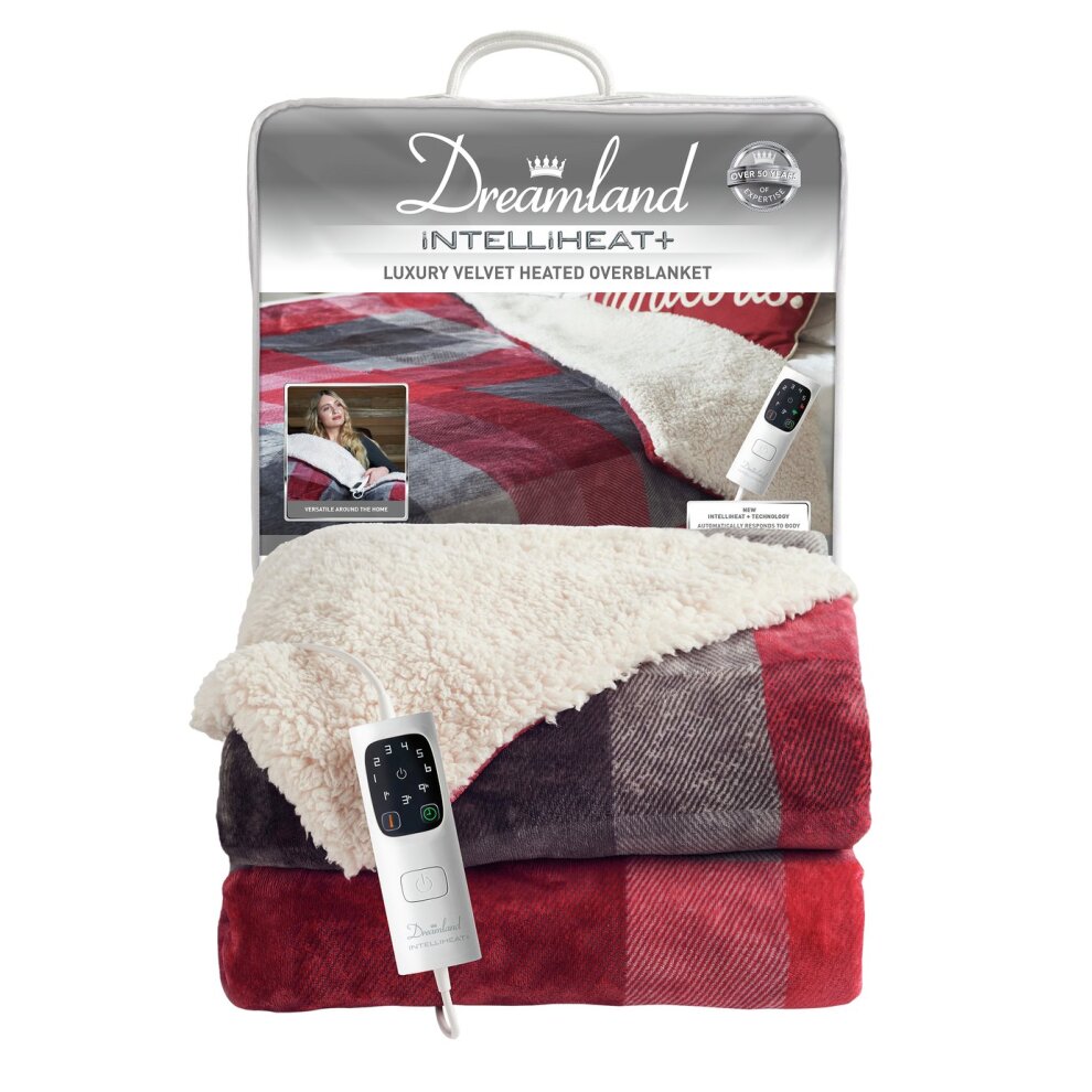 Dreamland Intelliheat  Luxury Tartan Check Velvety Sherpa Heated Overblanket/Throw - 6 Heat Setting -16773