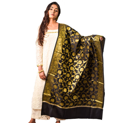 Fartila Banarasi BL0361B Black Cotton Tapeta Silk Dupatta