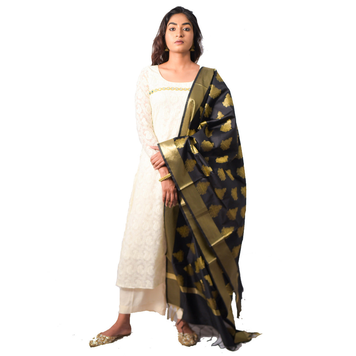 Fartila Banarasi BL0365BGL Black/Golden Cotton Tapeta Silk Dupatta