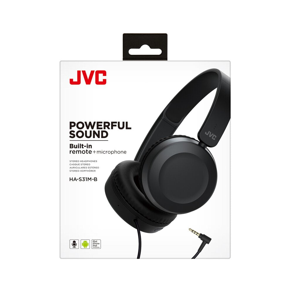 JVC Foldable Lightweight HA-S31M On-Ear Headphones with Built-In Remote, Microphone and Call Handling, Black