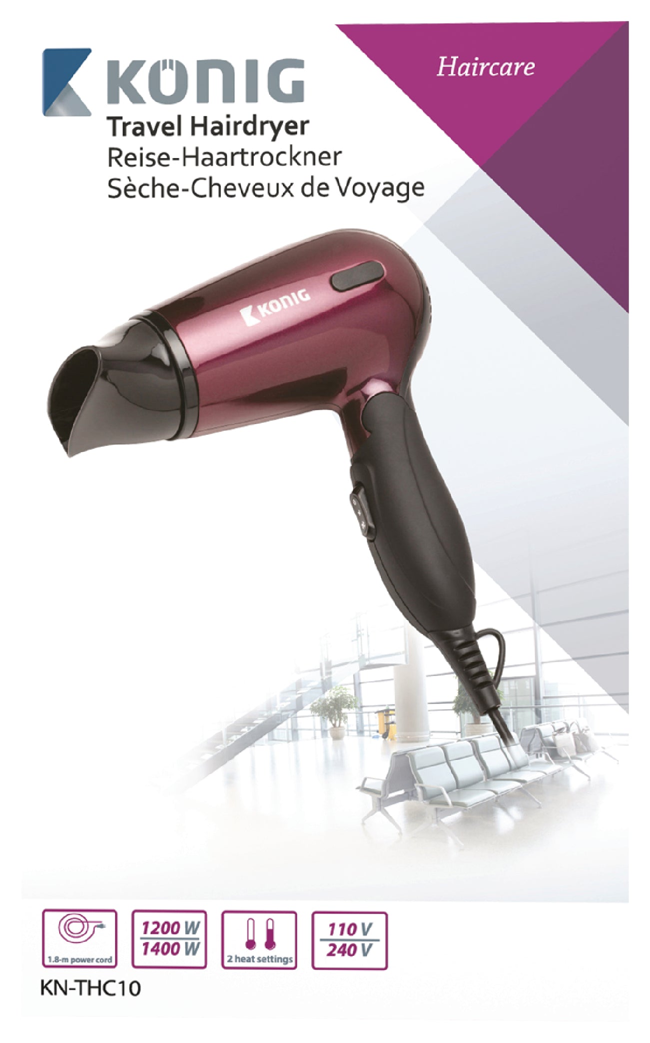Konig KN-THC10 Travel Hairdryer 1400w Burgundy/Black
