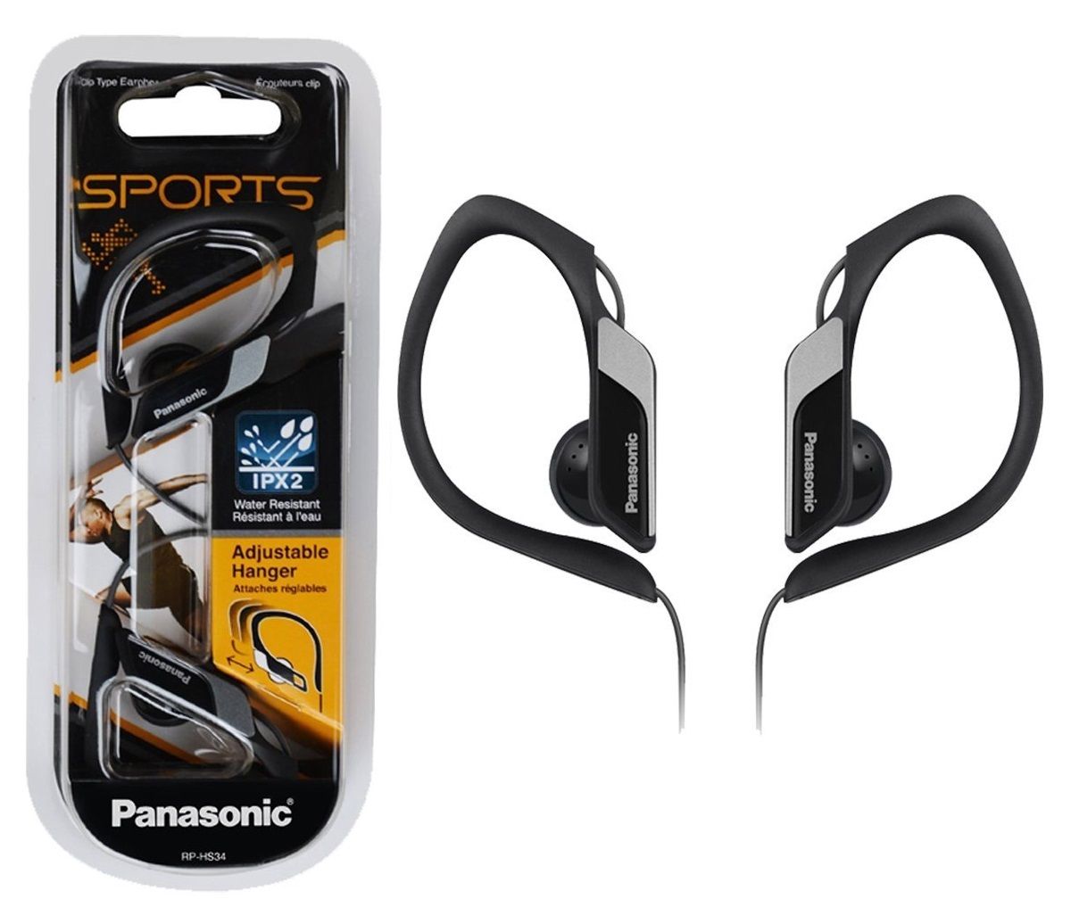 Panasonic RP-HS34 BLACK Water Resistant Sport Headphones Adjustable Ear Clip NEW