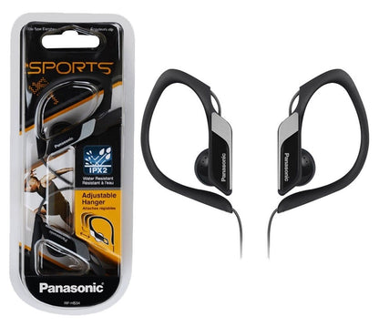 Panasonic RP-HS34 BLACK Water Resistant Sport Headphones Adjustable Ear Clip NEW