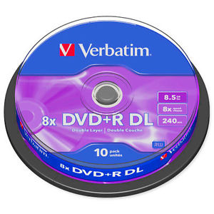 Verbatim DVD+R 8.5GB 8x Speed 240min Double Layer DVD Discs Spindle 10