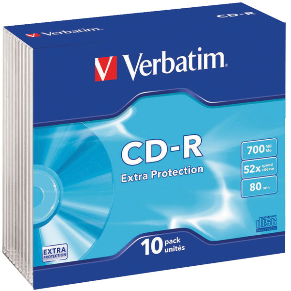 Verbatim CD-R80 Slim Case Pack of 10 CDR Recordable Discs 43415 Blank Media