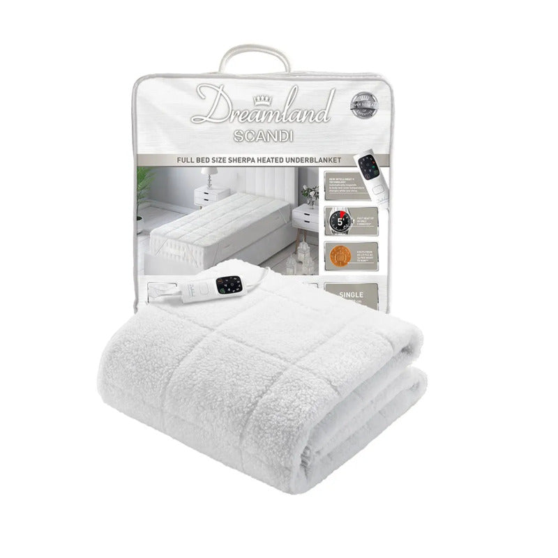 Dreamland Intelliheat+ fast heat Scandi Full Bed size Sherpa Underblanket | Single size electric blanket 190 x 90cm | elasticated straps | 1 control, 6 temperature settings