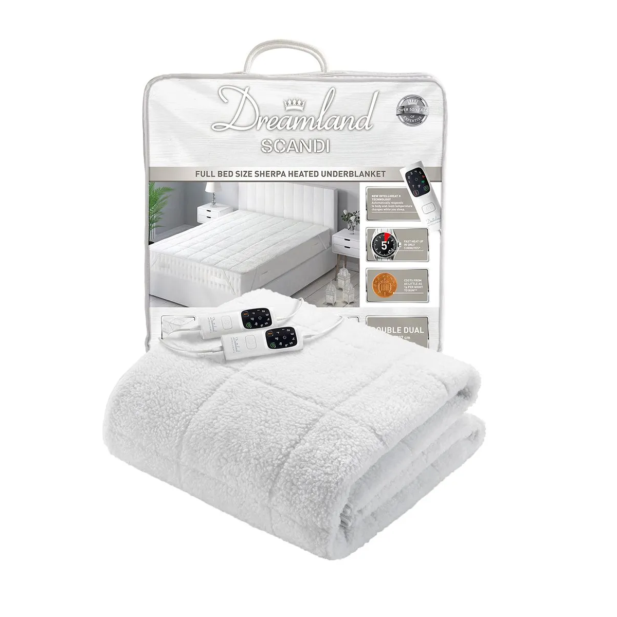 Dreamland Intelliheat+ fast heat Scandi Full Bed size Sherpa Underblanket | Double size electric blanket | 190 x 137cm | elasticated straps | 2 controls, 6 temperature settings