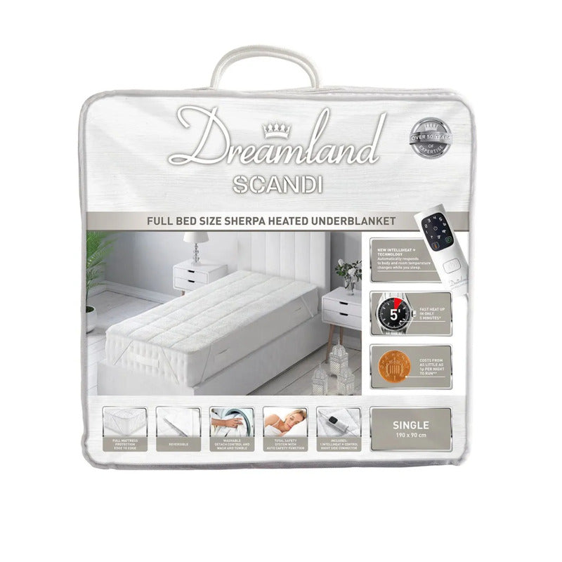 Dreamland Intelliheat+ fast heat Scandi Full Bed size Sherpa Underblanket | Single size electric blanket 190 x 90cm | elasticated straps | 1 control, 6 temperature settings