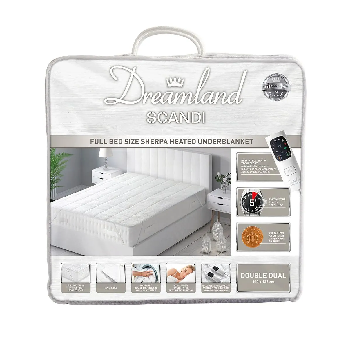 Dreamland Intelliheat+ fast heat Scandi Full Bed size Sherpa Underblanket | Double size electric blanket | 190 x 137cm | elasticated straps | 2 controls, 6 temperature settings