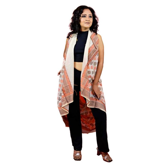 Fartila 081614 White & Orange Cotton Silk Banarasi Dupatta