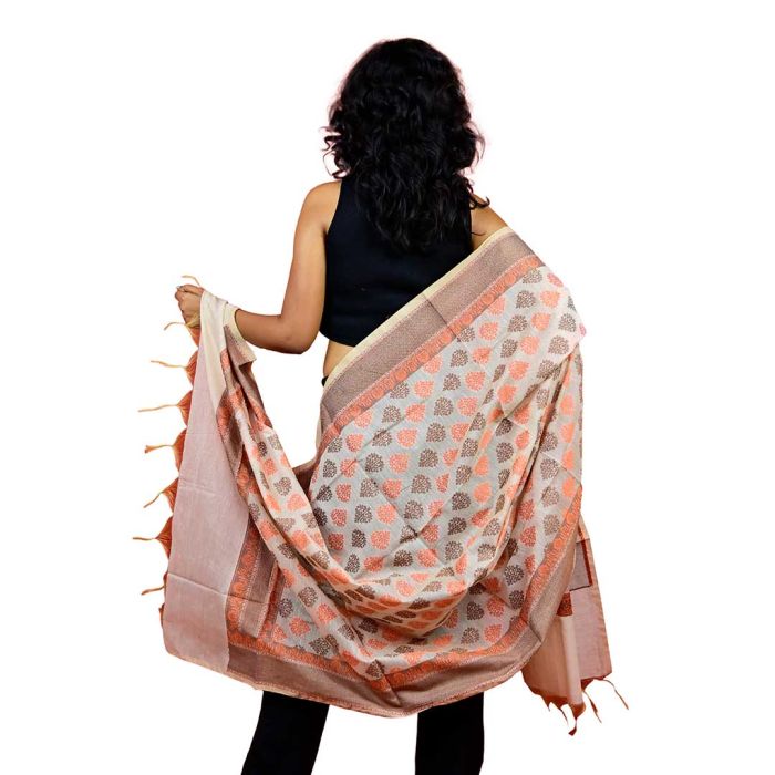 Fartila 081614 White & Orange Cotton Silk Banarasi Dupatta