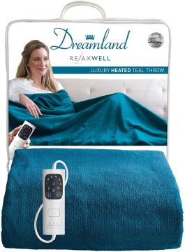 Dreamland Relaxwell Intelliheat+ 5 Minute Fast Heat Luxury Teal Blue Heated Electric Throw |120x160 cm | 1 Control, 6 Temperature Settings